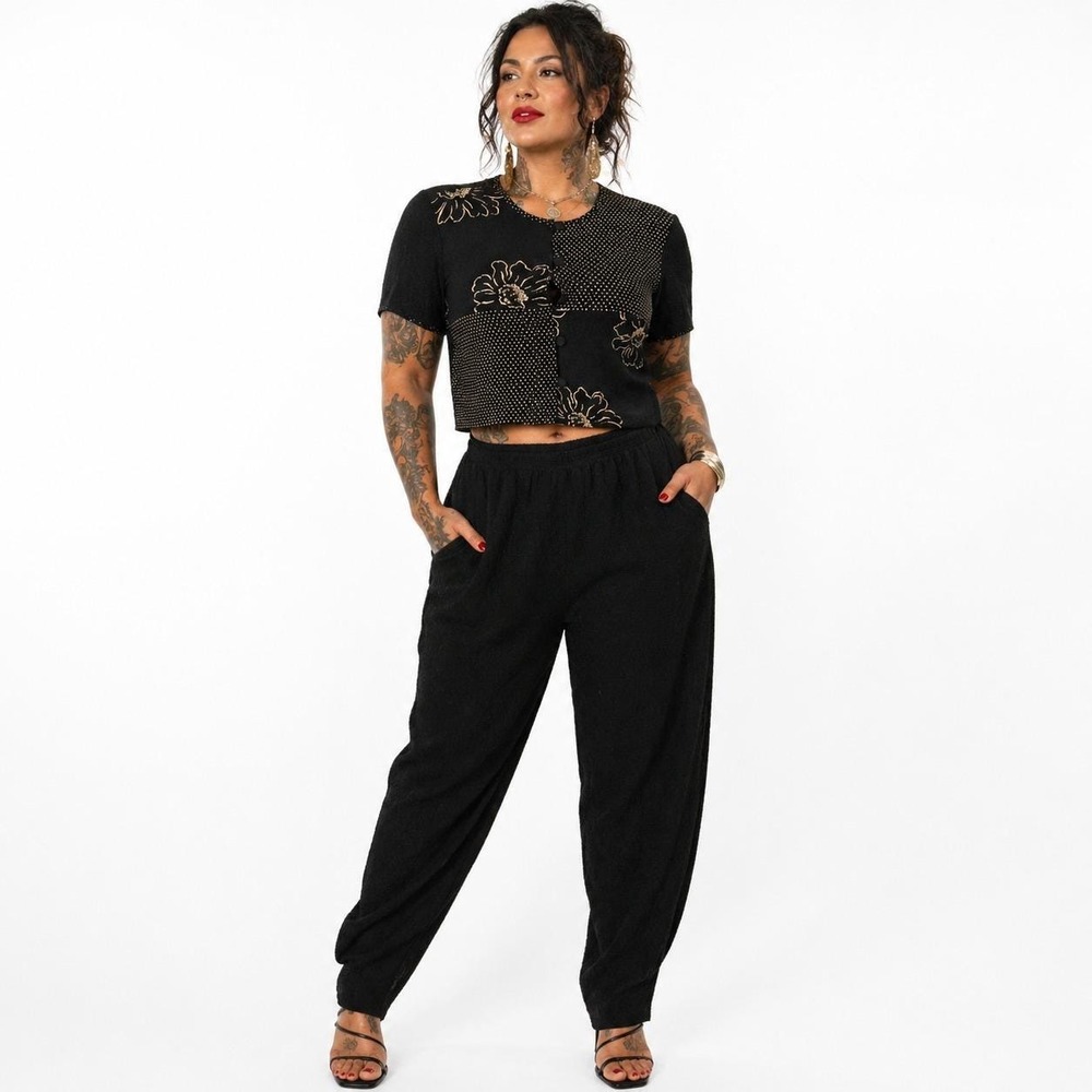 90s Vintage Patchwork Pant Set Womens M Black Floral Polka Dot Crepe Retro H603